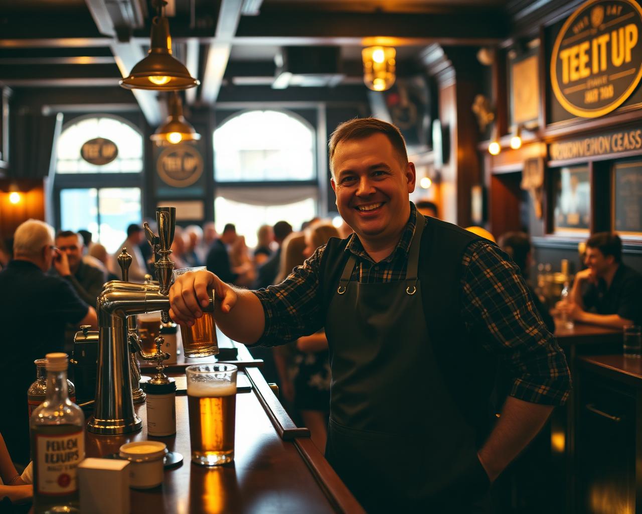 A pub landlord pouring a pint at a busy bar during a Tee It Up event night