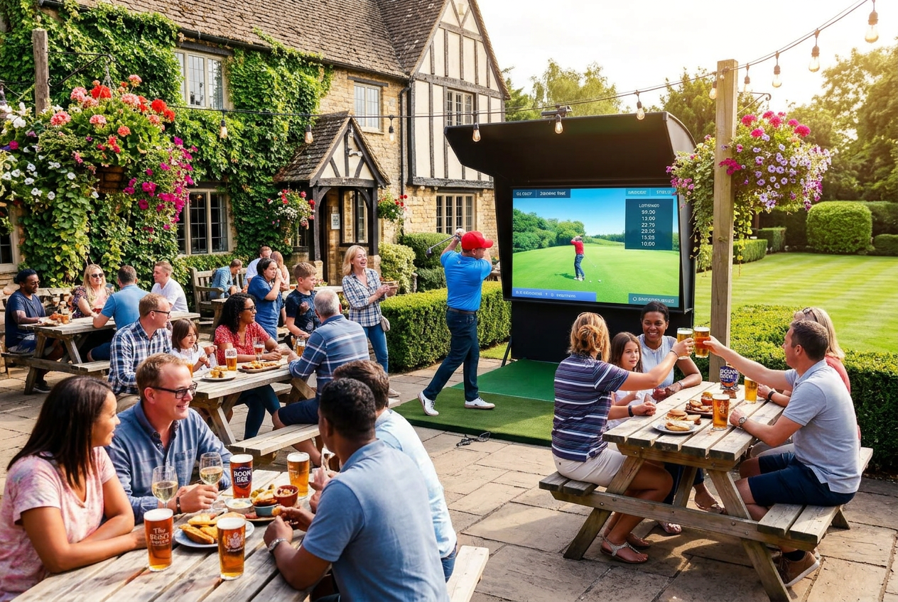 Guests laughing and cheering in a sunny British pub garden while a player swings at the Tee It Up simulator with a live leaderboard on the wall