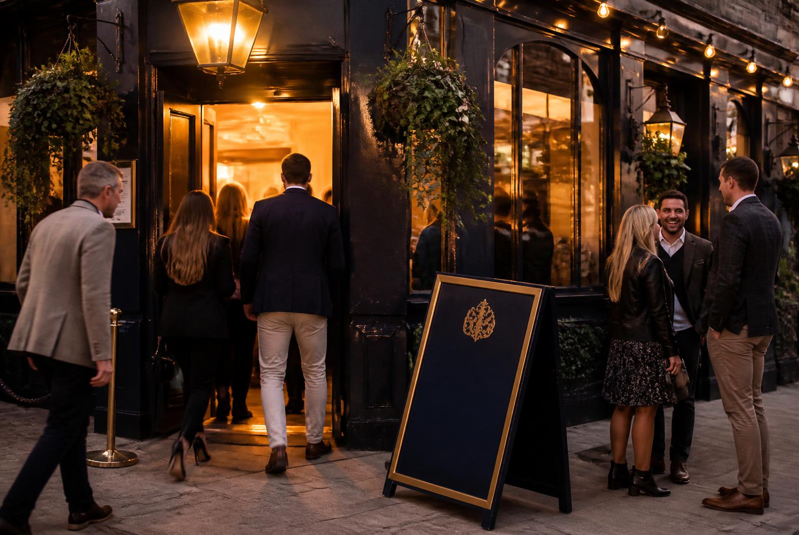 Customers arriving at a warmly lit pub on a Tee It Up league night
