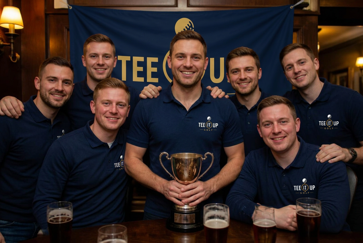 A club captain and their team with the trophy beneath their club banner