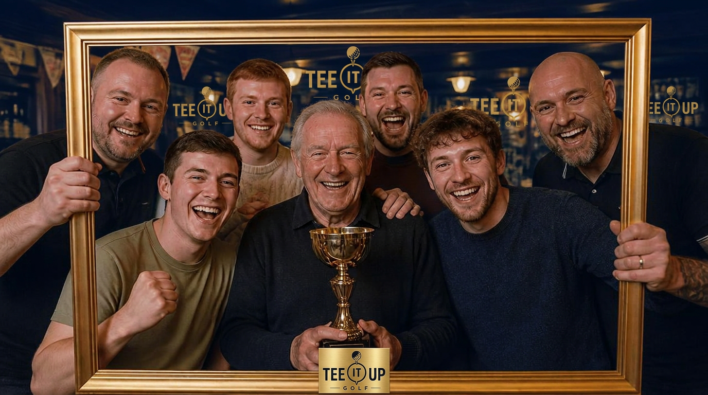 A winning pub team and their landlord holding the trophy behind a gold photo frame