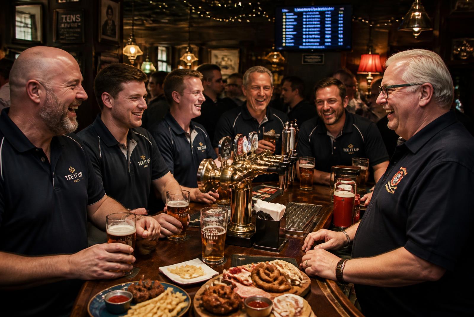 A landlord laughing with players in team shirts across a busy bar on league night
