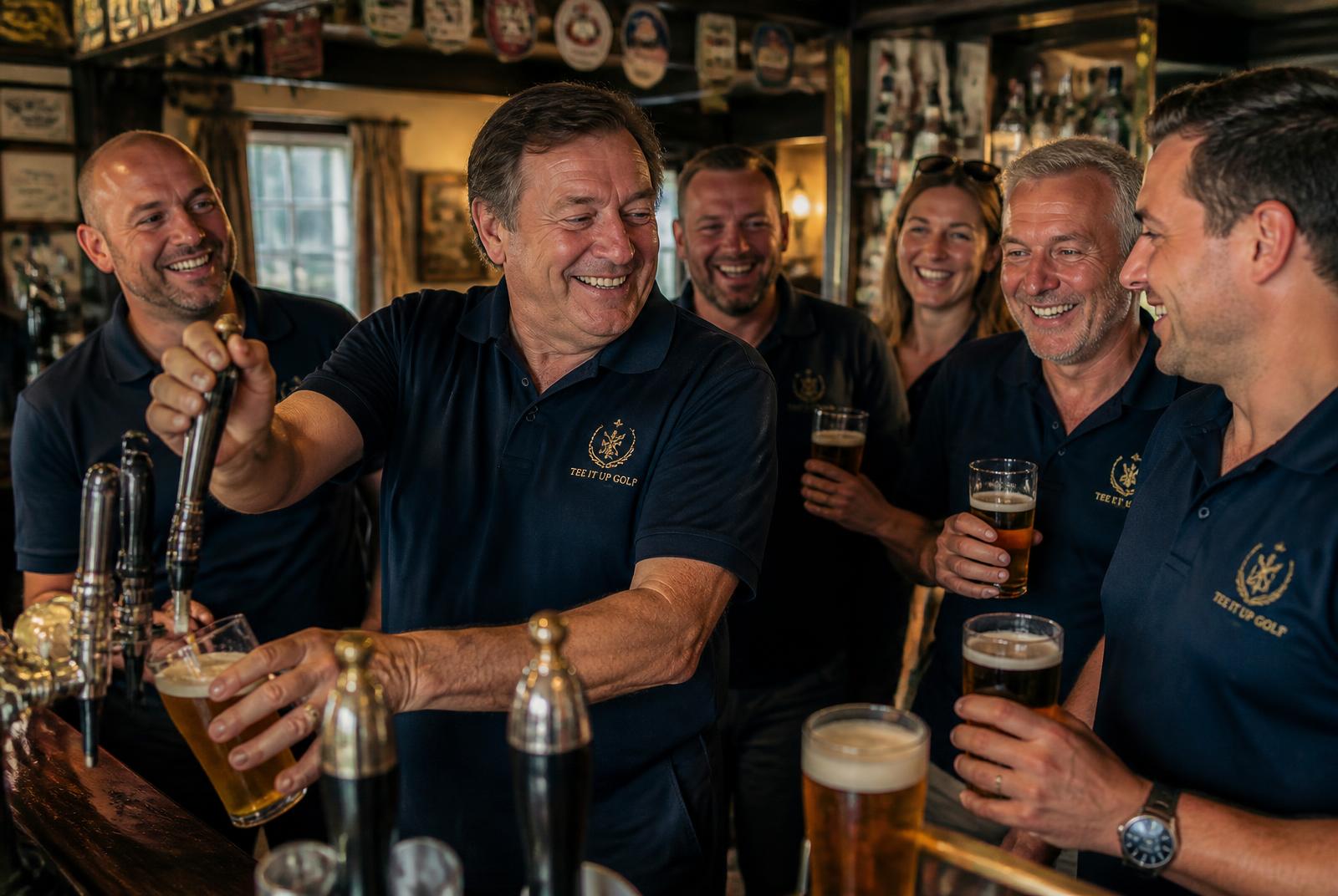 A landlord pulling pints surrounded by players in navy Tee It Up team shirts