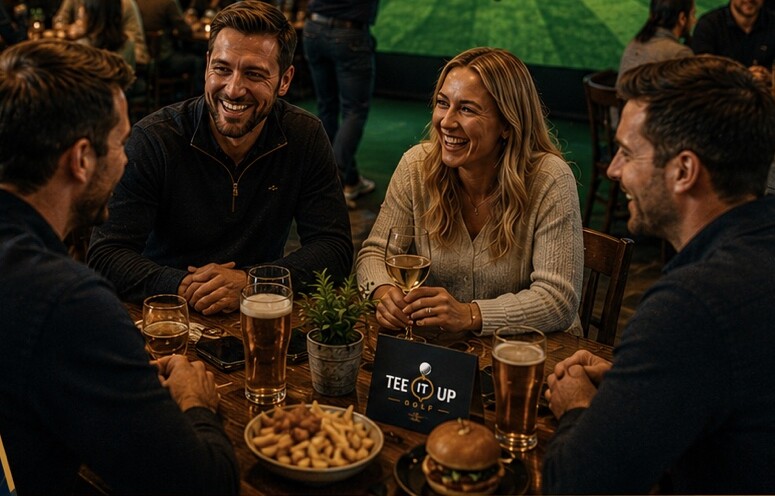 A round of drinks and sharing plates on a busy pub table during league night